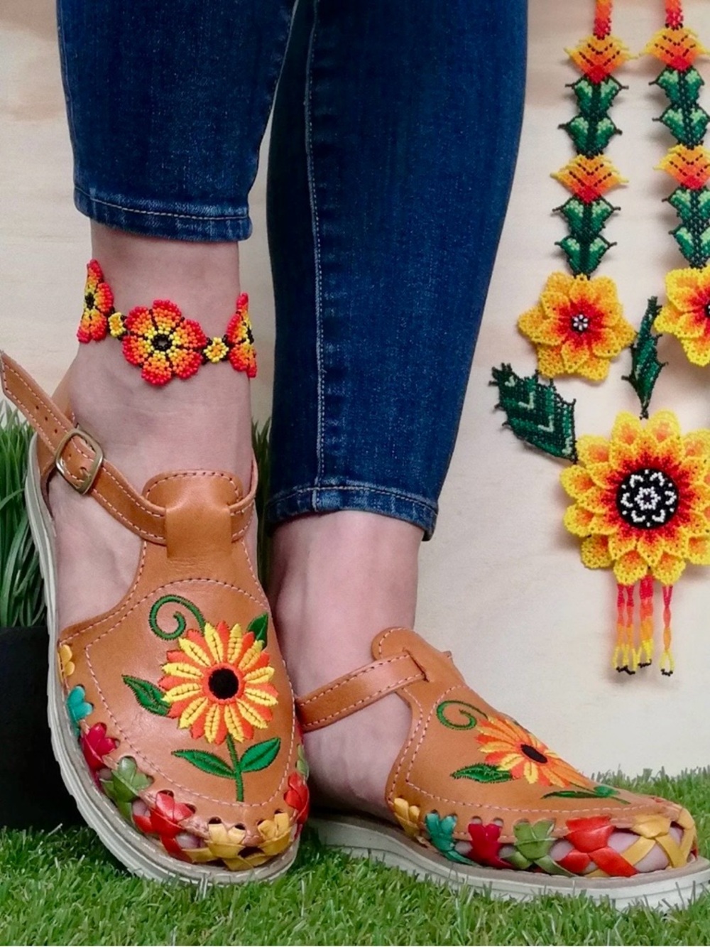 Women’s Tan Floral Embroidered Leather Sandals